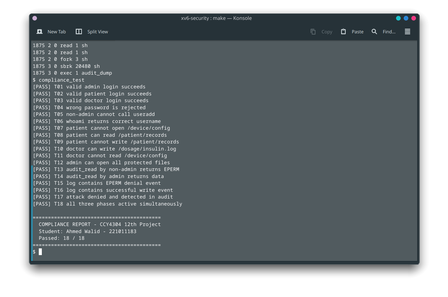 QEMU terminal showing compliance_test output: 18/18 PASS