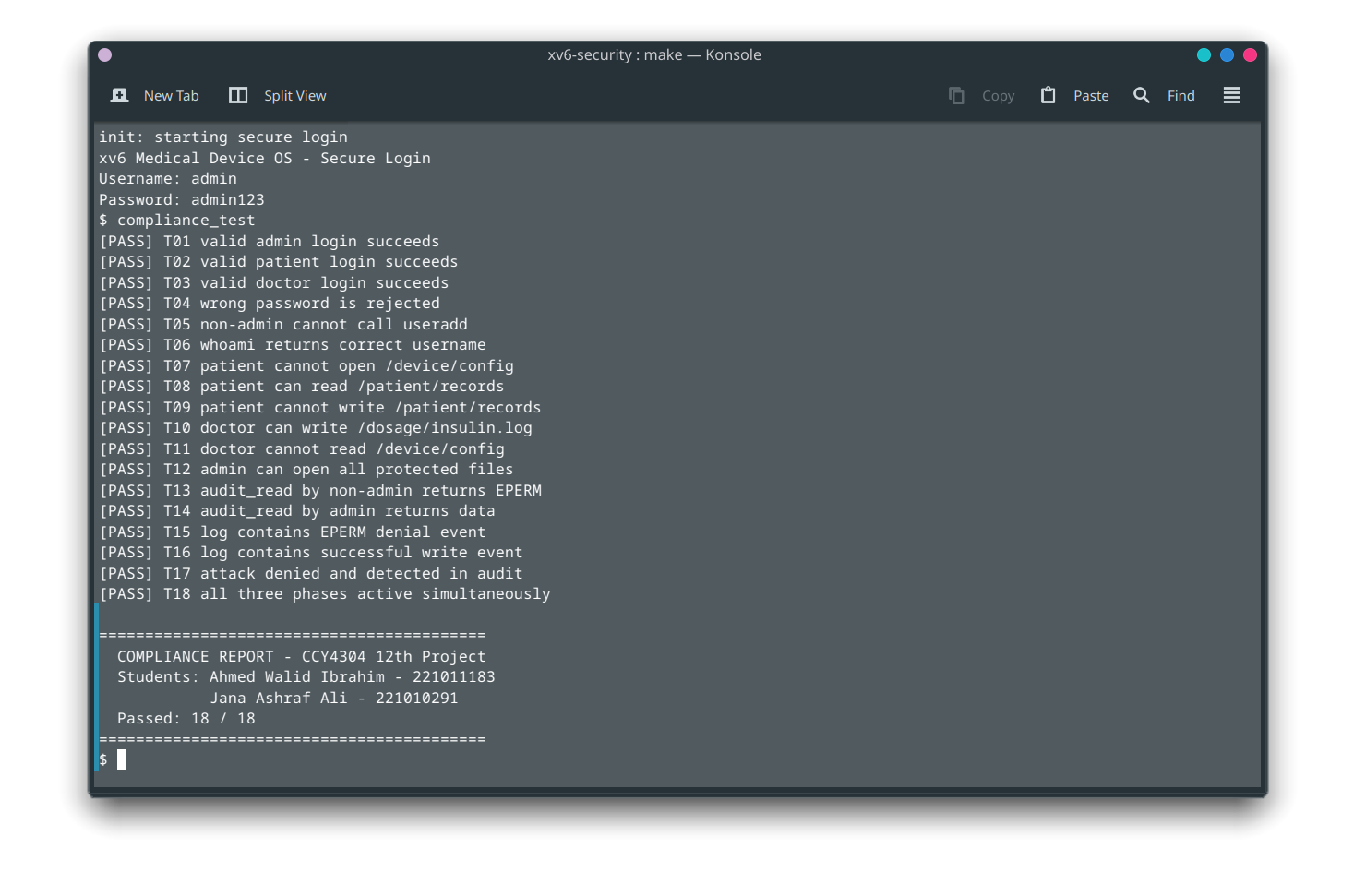 QEMU terminal showing compliance_test output: 18/18 PASS