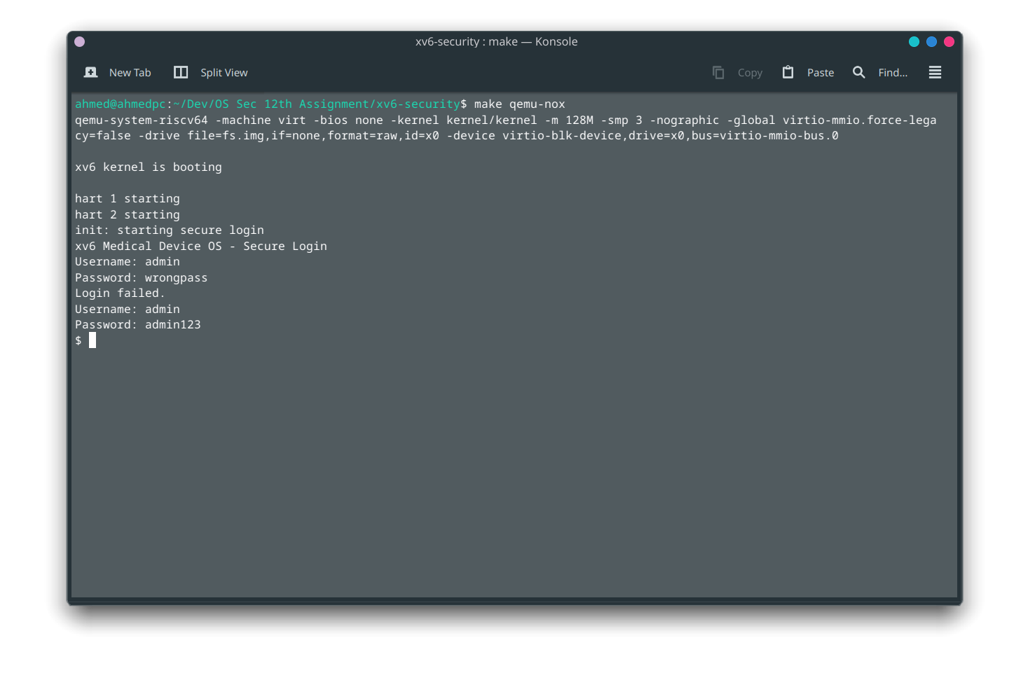 QEMU terminal showing login failure then successful root login