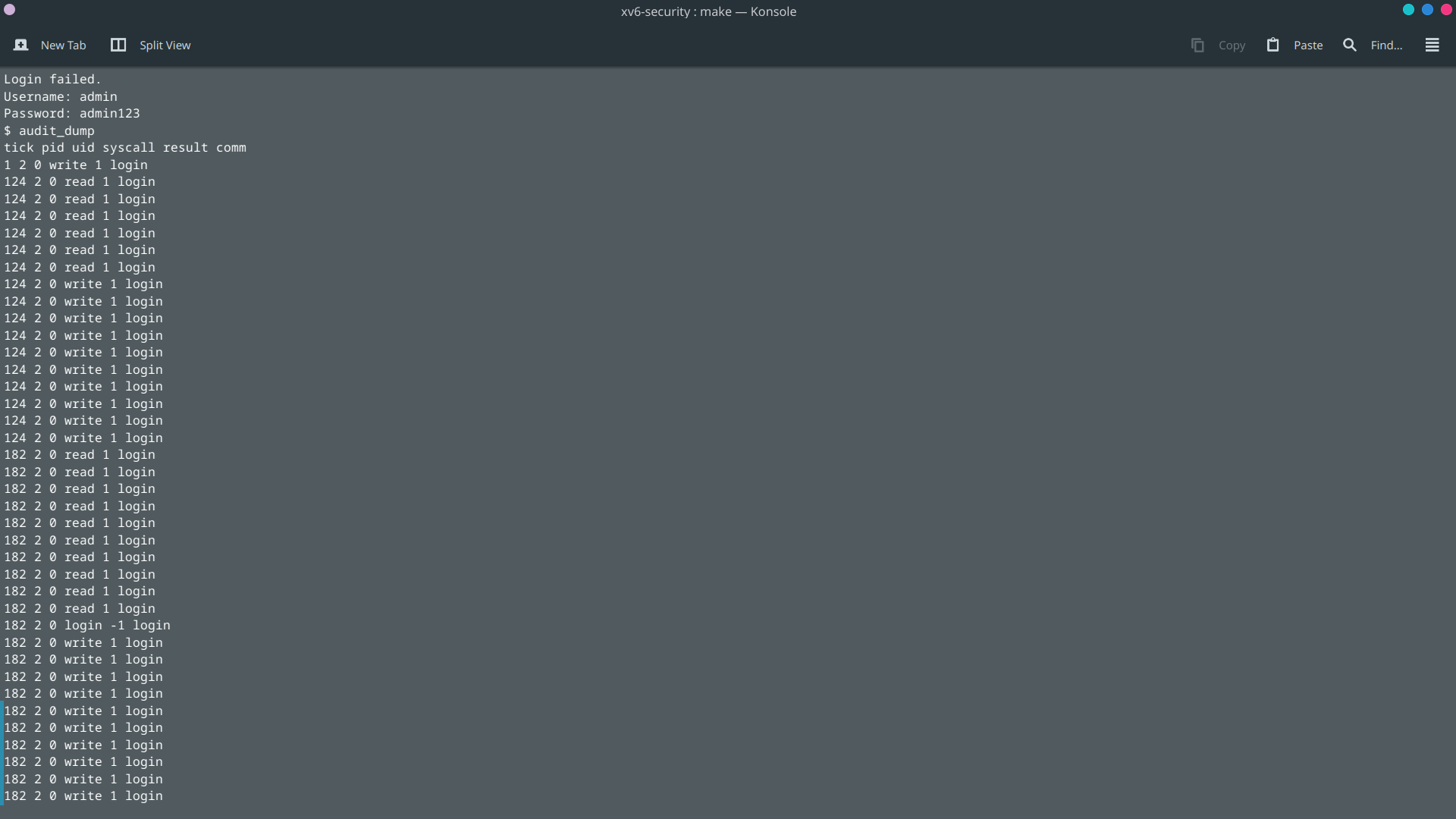 QEMU terminal showing audit_dump table with ring buffer entries