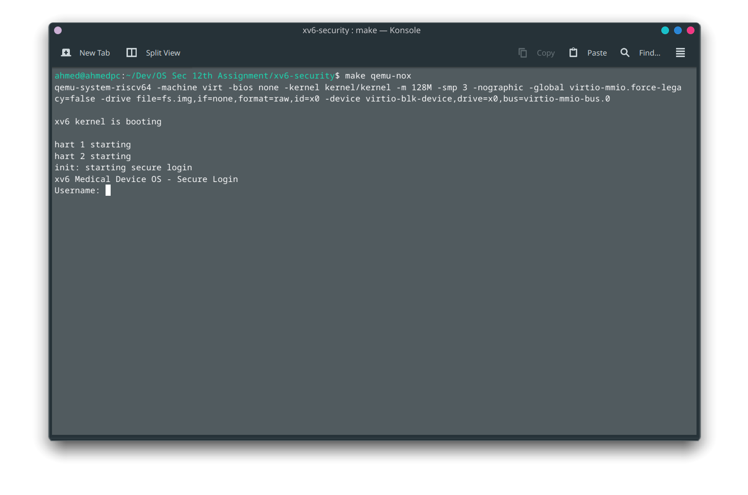 QEMU terminal showing xv6 boot banner and login prompt